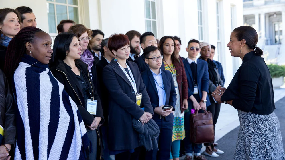 National Security Advisor Susan E. Rice greets young LGBT activists from nearly 30 countries outside of the West Wing Lobby of the White House, March 29, 2016. Their trip was sponsored by the Human Rights Campaign. (Official White House Photo by Amanda Lucidon)