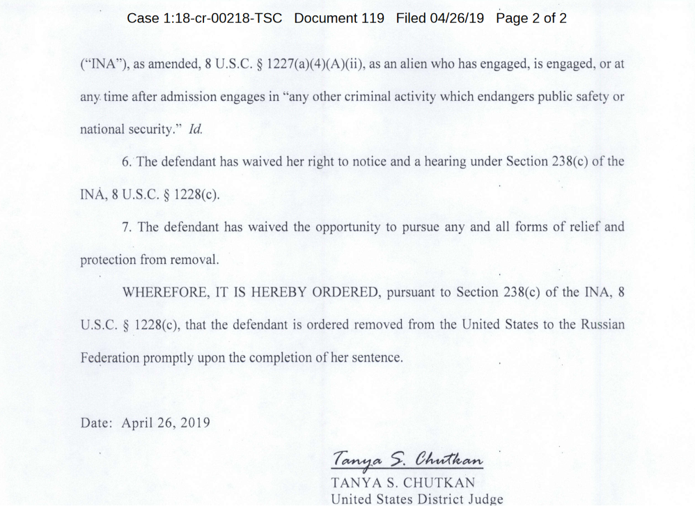 Chutkan order of deportation end of sentence April 26th 2019.png