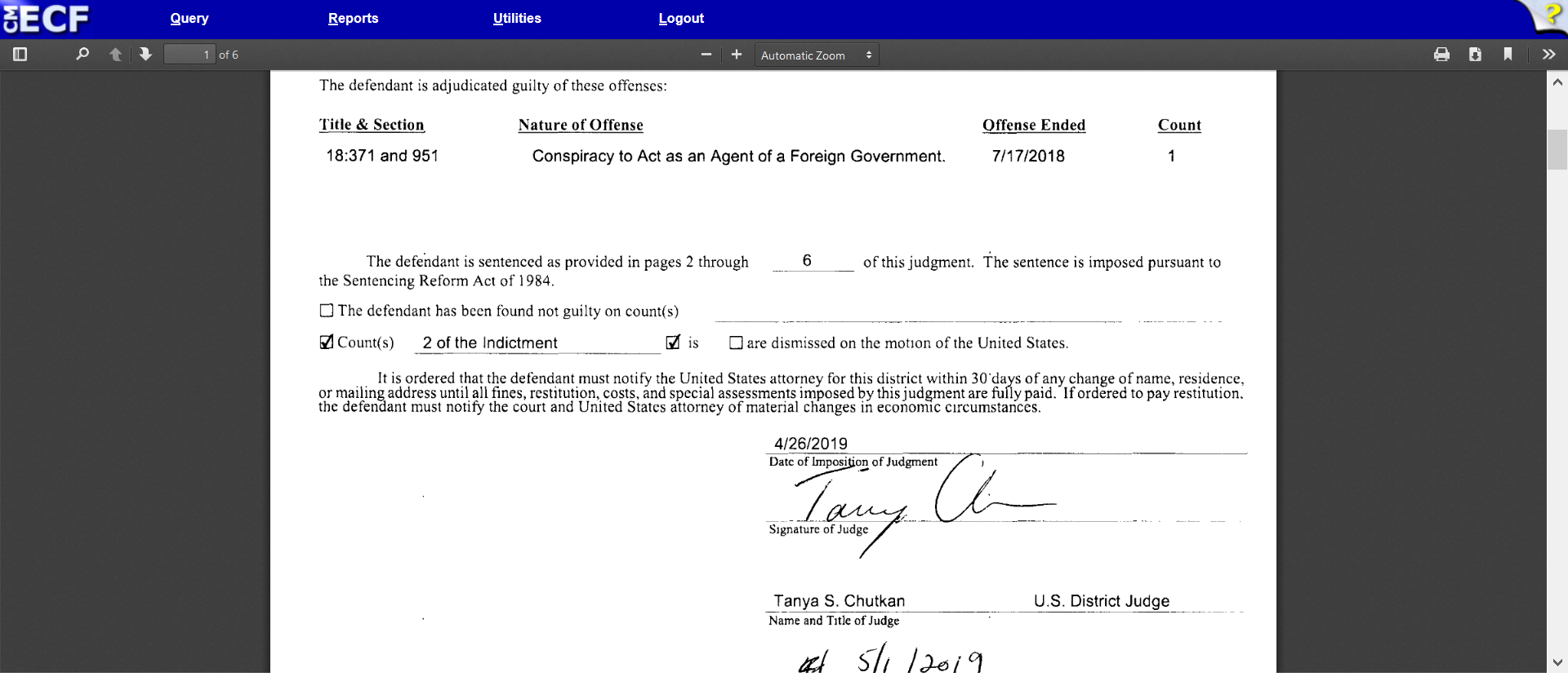 Chutkan signature judgment of Butina criminal offense dated April 26 2019.png