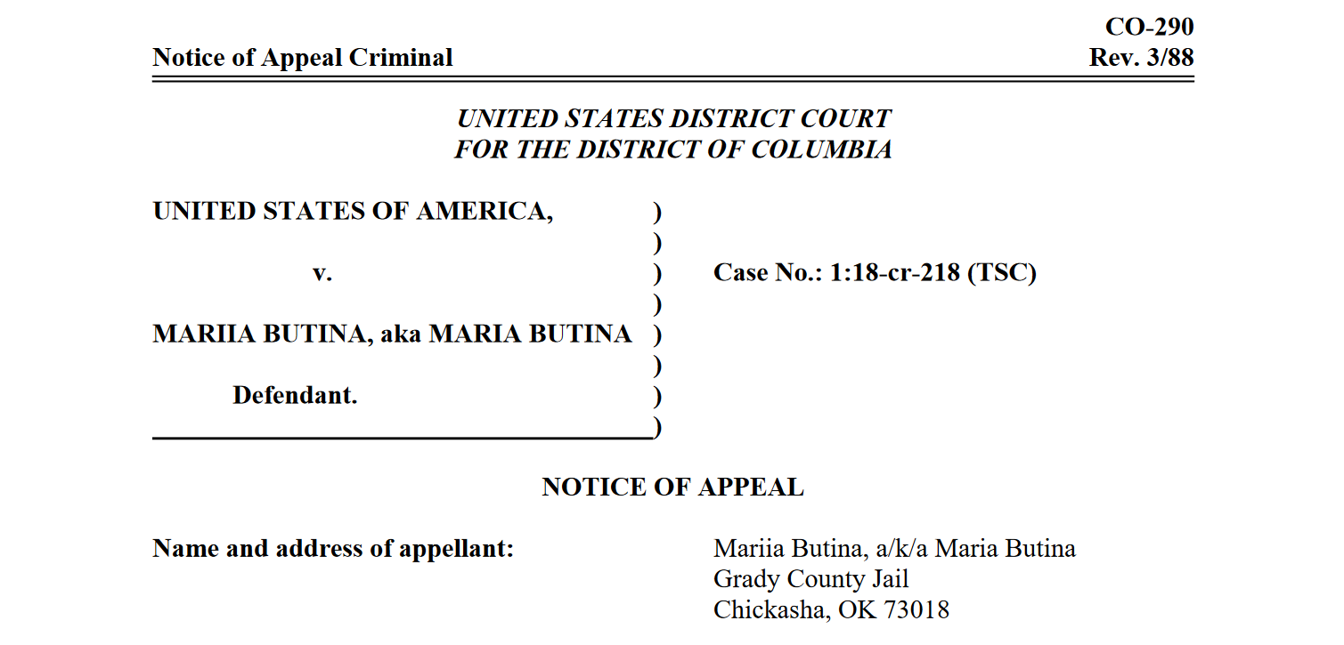 Butina appeal notice 1 18-cr-218 TSC.png