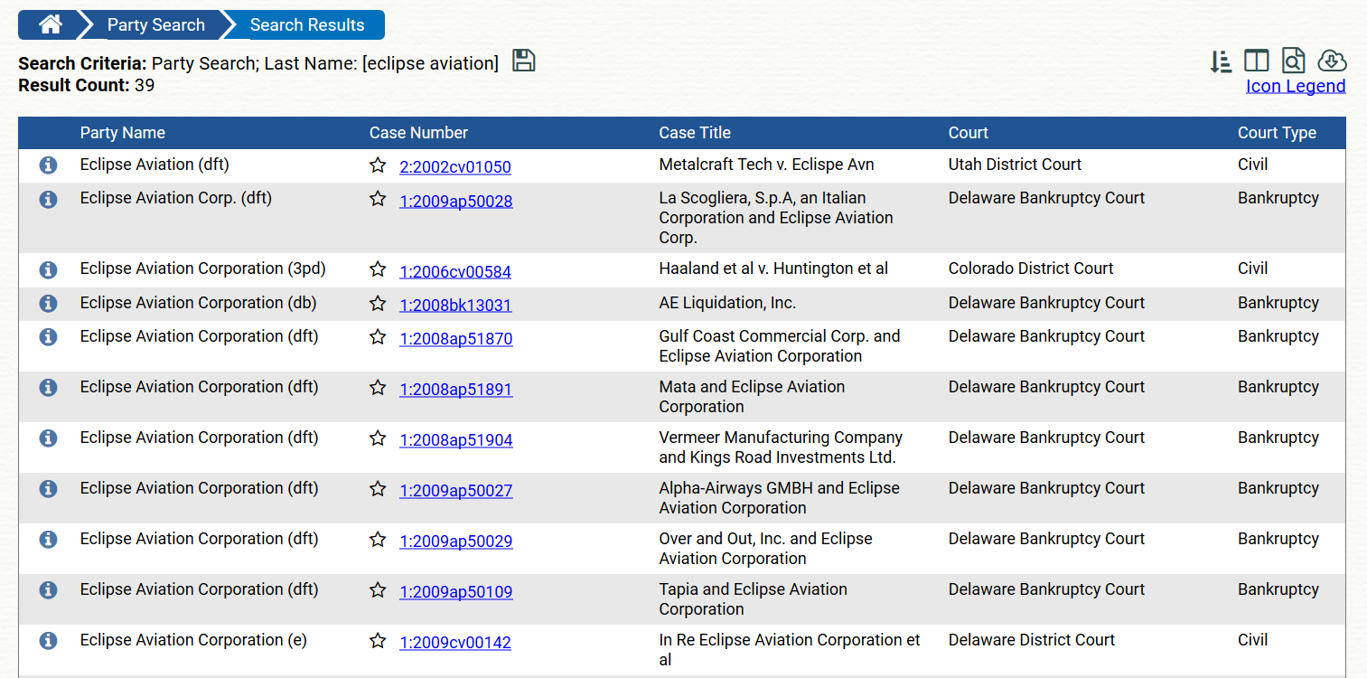 Eclipse Aviation eight different bankruptcy cases on Pacer 39 total.png