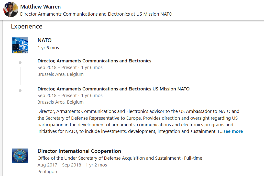 Warren Matthew works for NATO no longer with Pentagon Feb 14th 2020.png