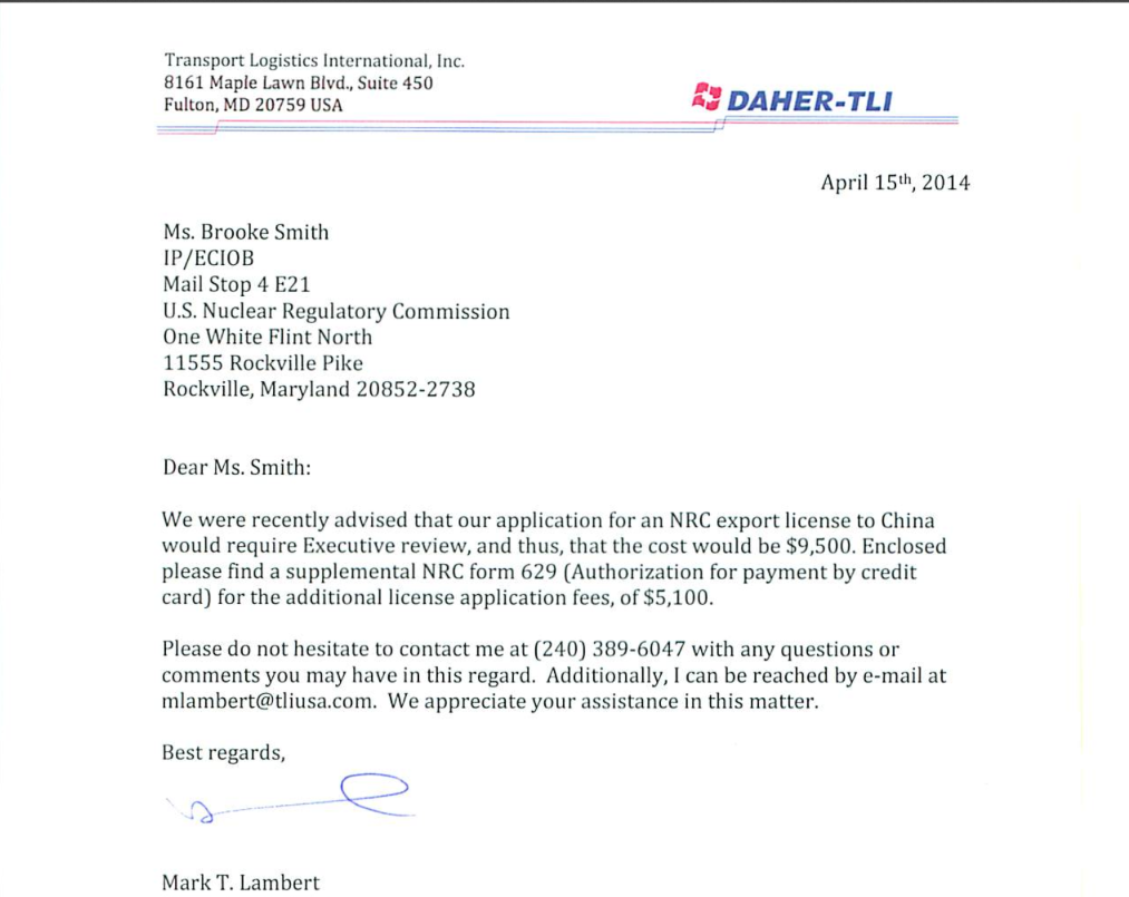 Lambert shipping to China NRC letter 2014.png