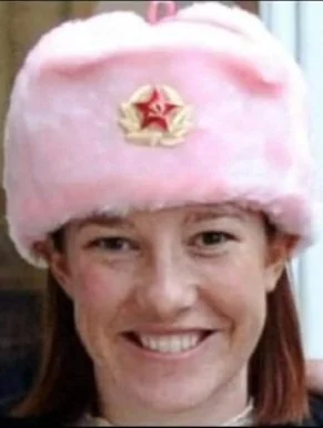 Psaki's pink Russian hammer and sickle hat