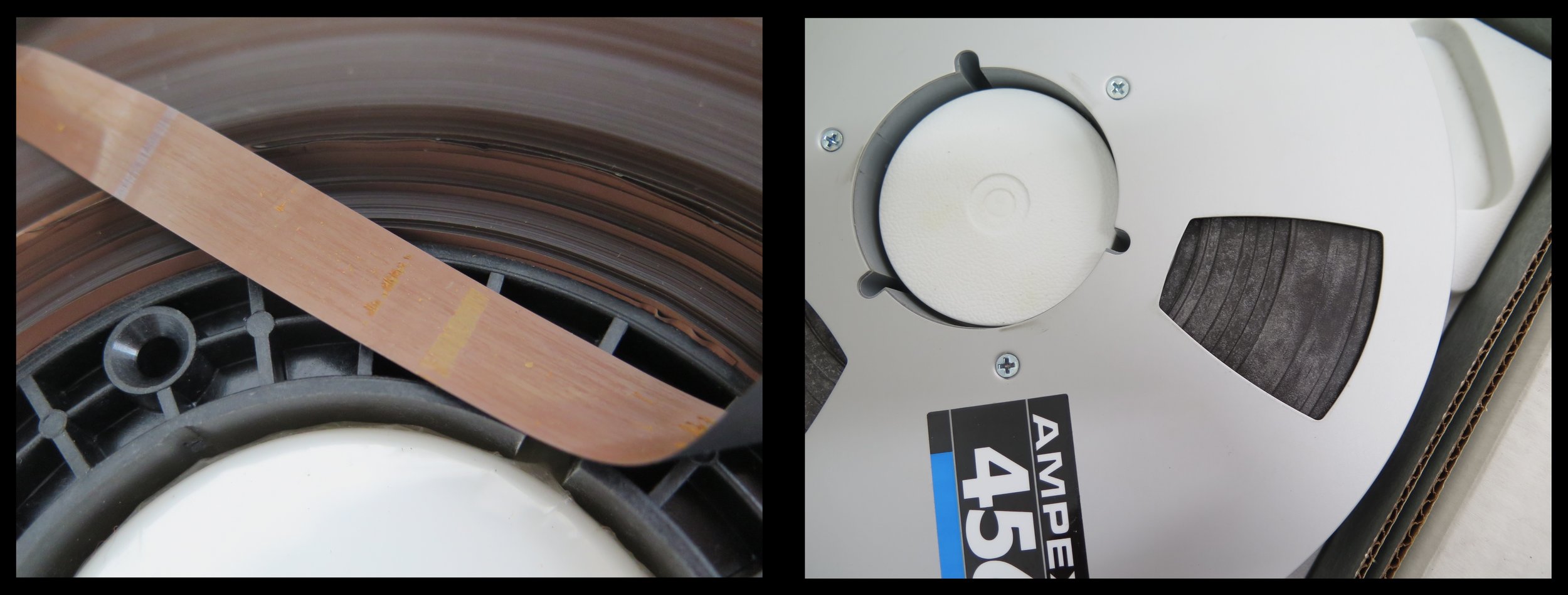 Audio tapes in poor condition, including binder damage, creasing and uneven tape pack (left) and mould on tape pack (right). Photos: Nick Guy.