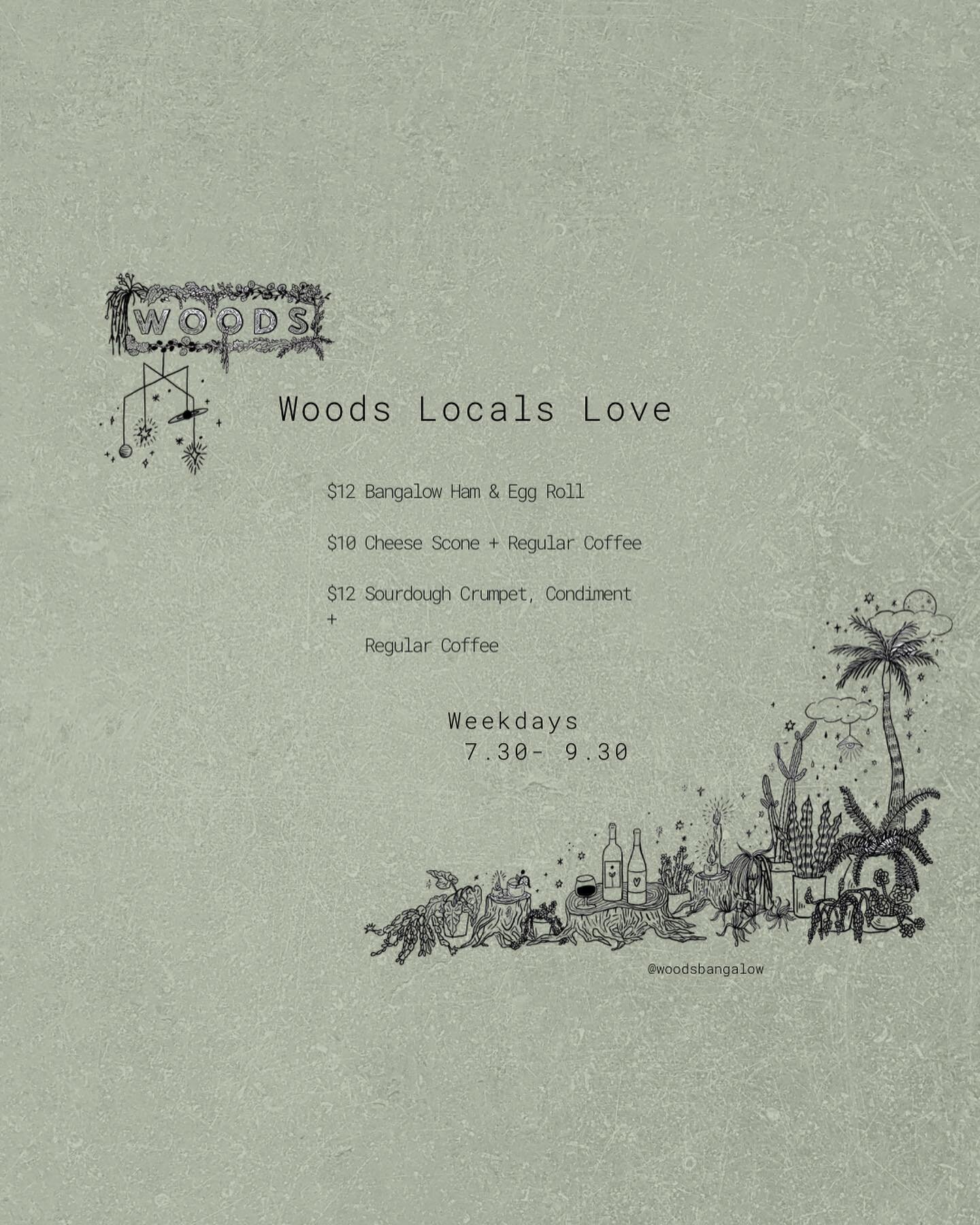 LOCALS 🫶🏼 LOVE

Weekdays Mornings!

$12 Bangalow Ham &amp; Egg Roll

$10 Cheese Scone + Regular Coffee

$12 Sourdough Crumpet, Condiment + Regular Coffee