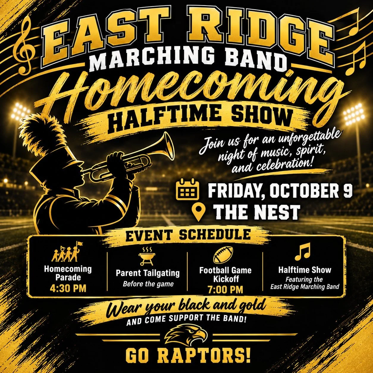This Friday October 9th is East Ridge Homecoming! Hot off their 1st place finish in Champlin, the East Ridge Marching Raptors will be performing "Pictures" at halftime during the Homecoming game at The Nest. They will also be marching in th