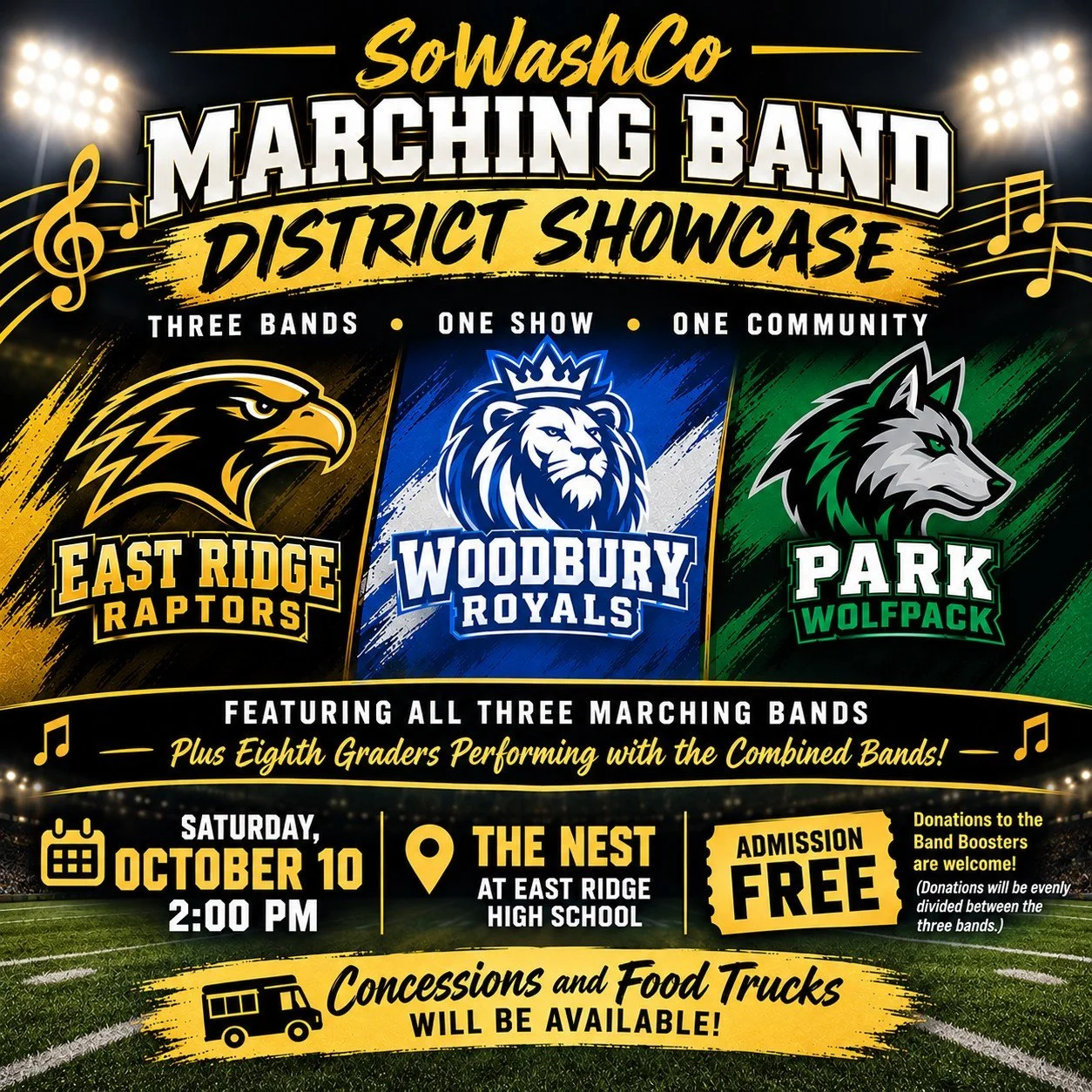 Please join us at The Nest at East Ridge High School for the SoWashCo Marching Band District Showcase on Saturday October 10 at 2pm. 
All three high school marching bands will be performing.
They will also be performing together as Sowashco Marching 