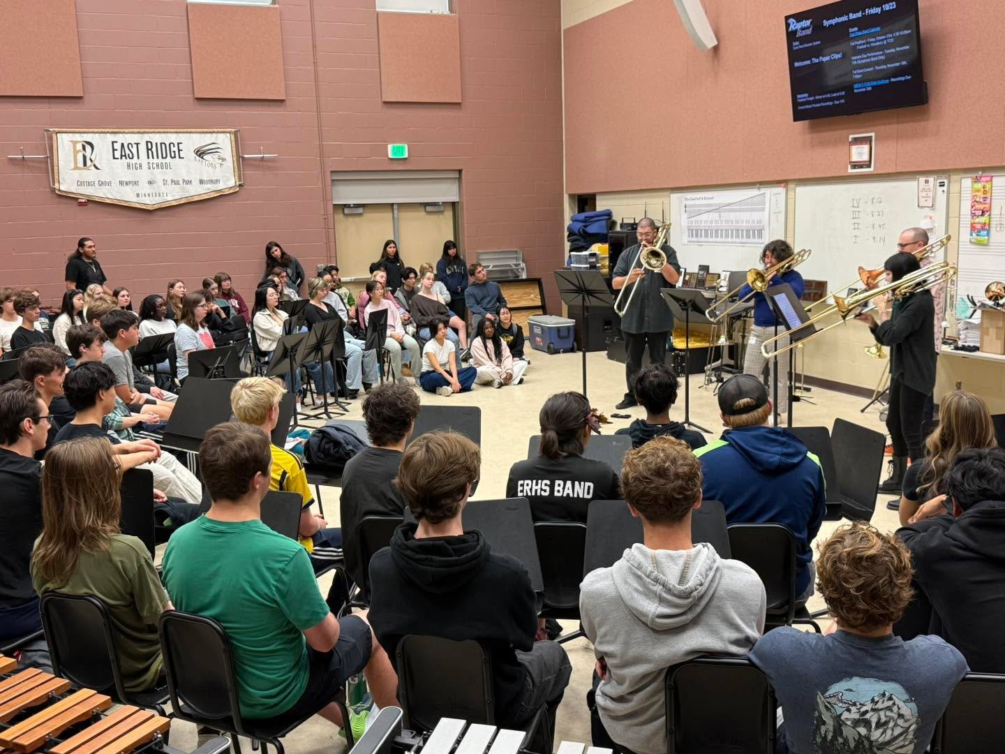 An amazing performance by The Paper Clips trombone quartet for our band and orchestra members at East Ridge this morning!  Thanks to Minnesota Public Radio&rsquo;s Class Notes program for making it possible!