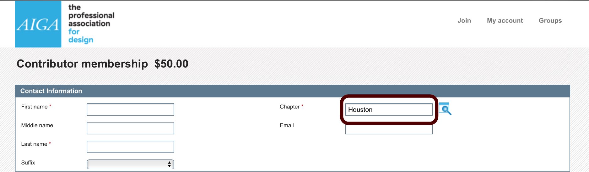 Select Houston as your chapter, and fill out the rest of the form.