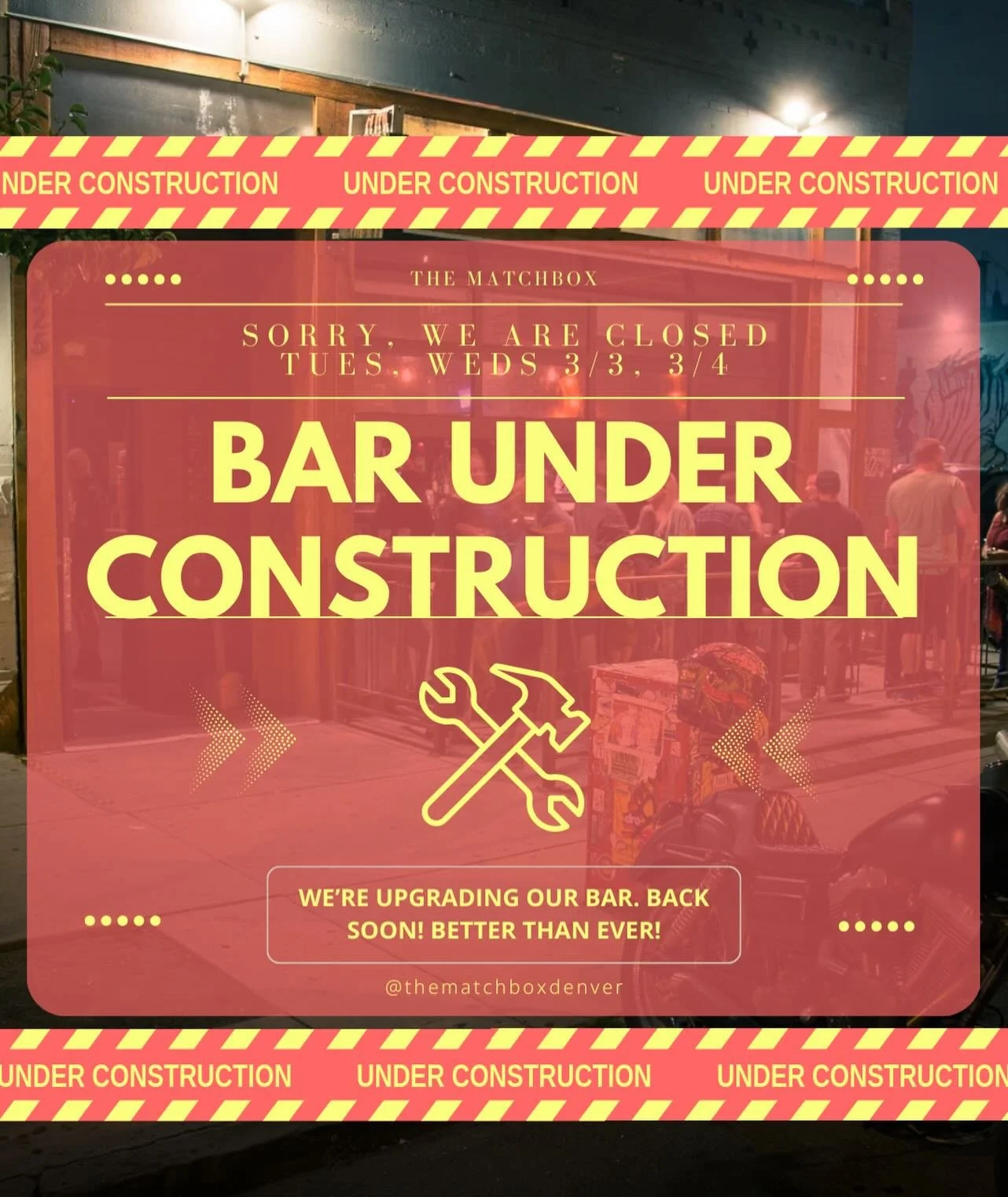Hey there! We&rsquo;ll be closed Tuesday 3/3 and Wednesday 3/4 for some much needed tlc for the bar! We&rsquo;ll be back on Thursday and ready to party all weekend with you! Thanks for your continued patronage!