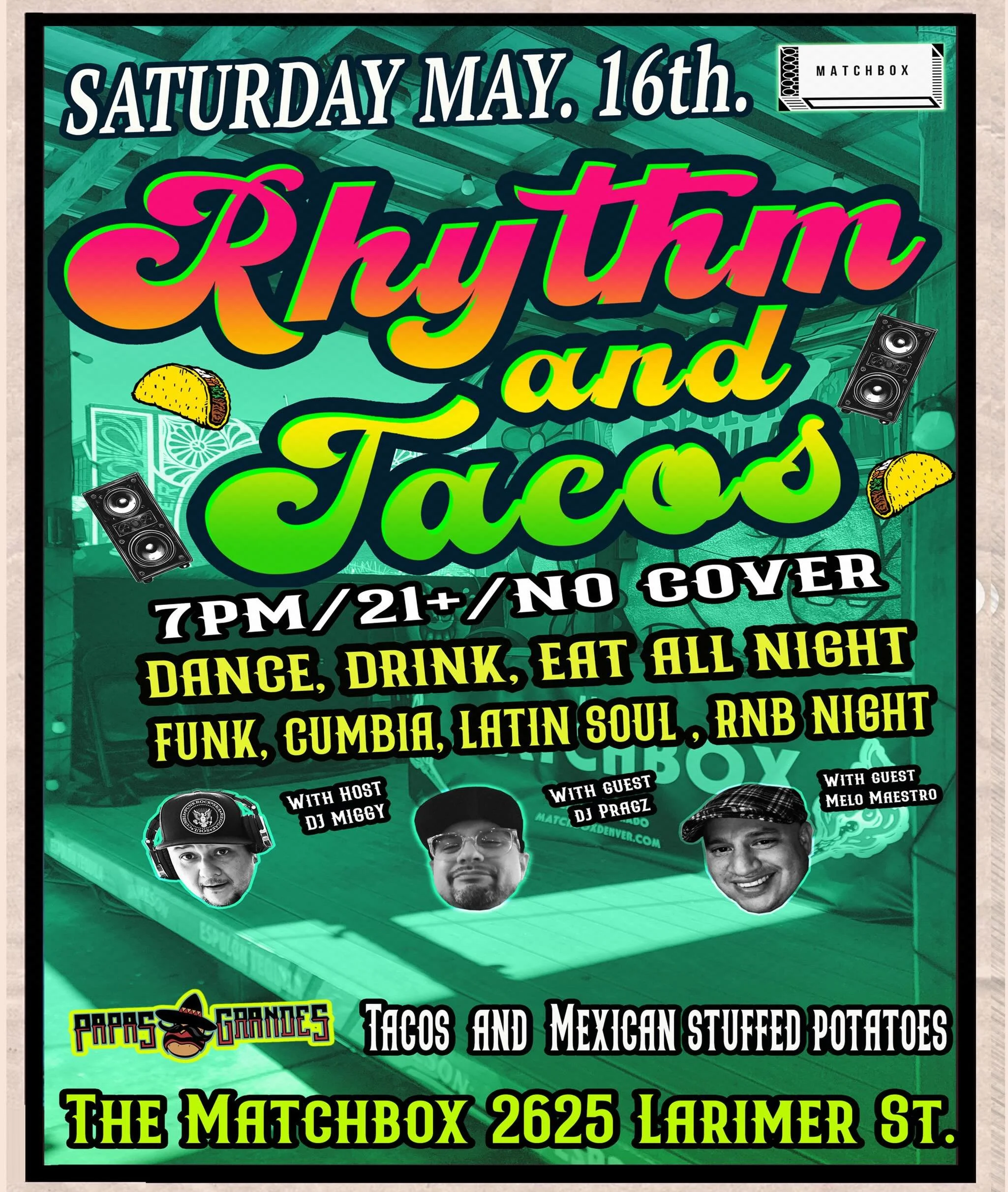 We have great tunes and food on Saturday also! Come on out for rhythm &amp; tacos! Featuring @djmiggy303  @pragz._ @mmaestro2020  and food from @papas_grandes_303 ! Gonna be a great time!