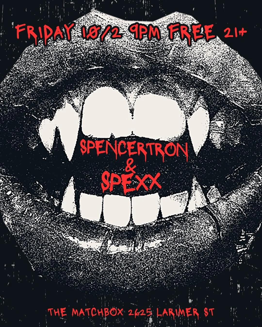 Friday night come start spooky season off with a bang at @thematchboxdenver ! @spencertron2020 and @djspexx5280 are gonna be playing all the ghoulish hits for you to shake that corpse!