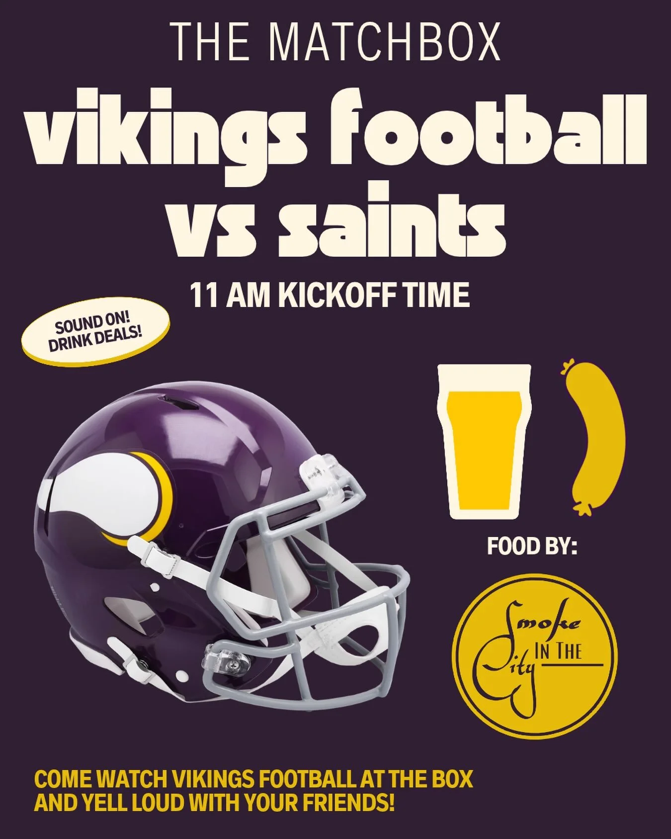 Vikings take on the s(t)aints this Sunday! We have @smokeinthecitydenver cooking up some tailgate treats and the beers will be flowing! SKOL!
