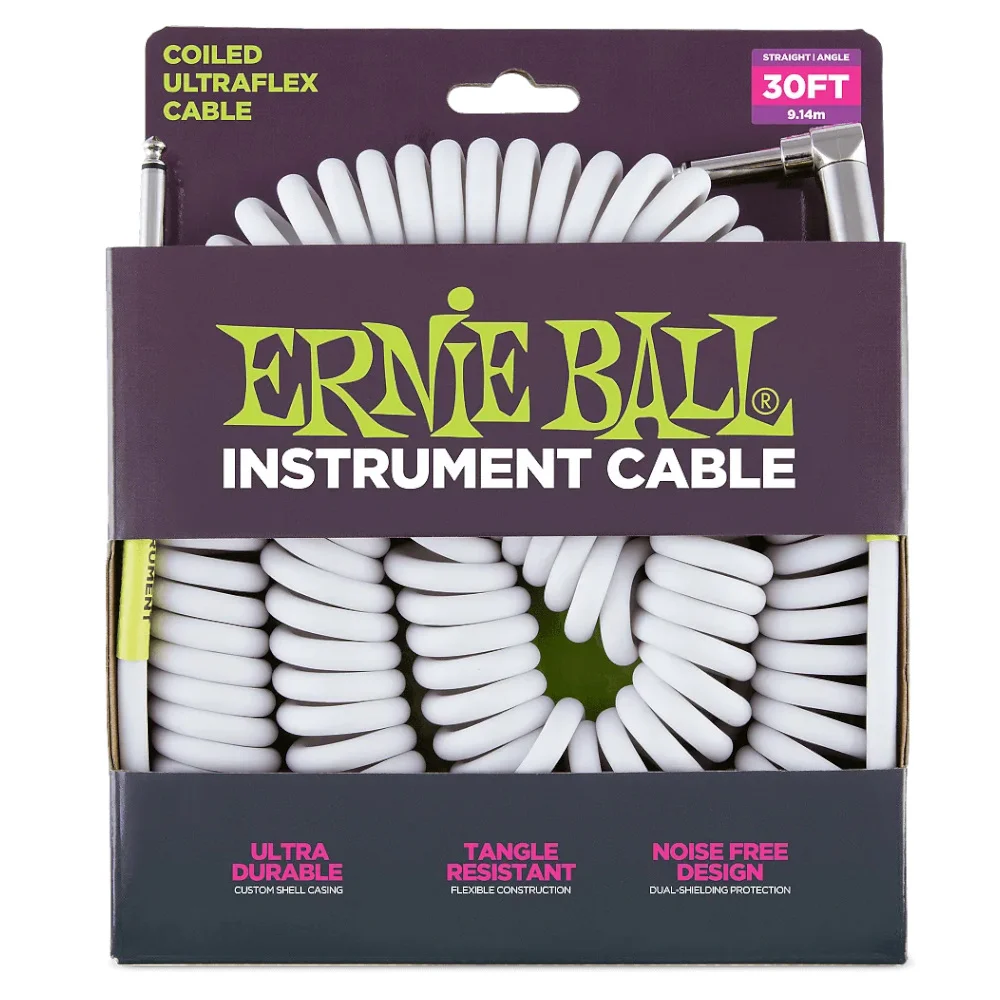 Ernie Ball P06044 Coiled Ultra-Flex Instrument Cable Straight-Angled 30ft White