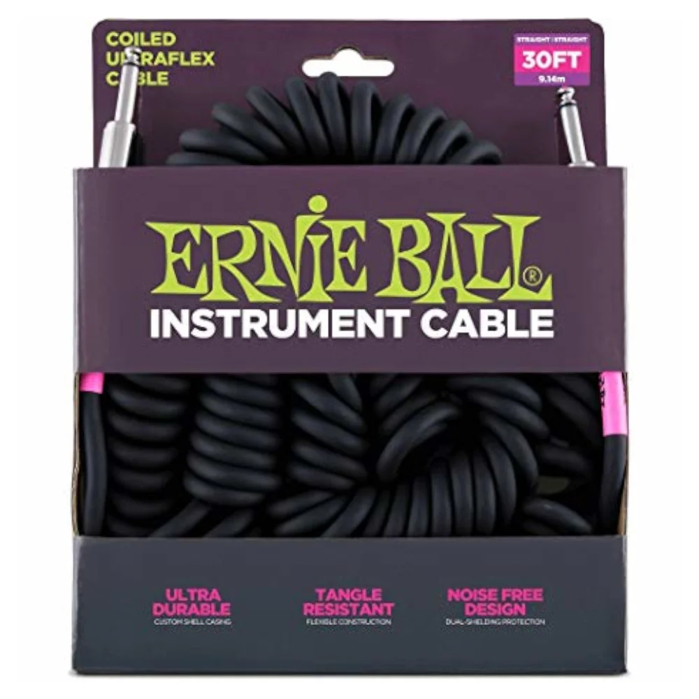 Ernie Ball P06044 Coiled Ultra-Flex Instrument Cable Straight-Straight 30ft Black