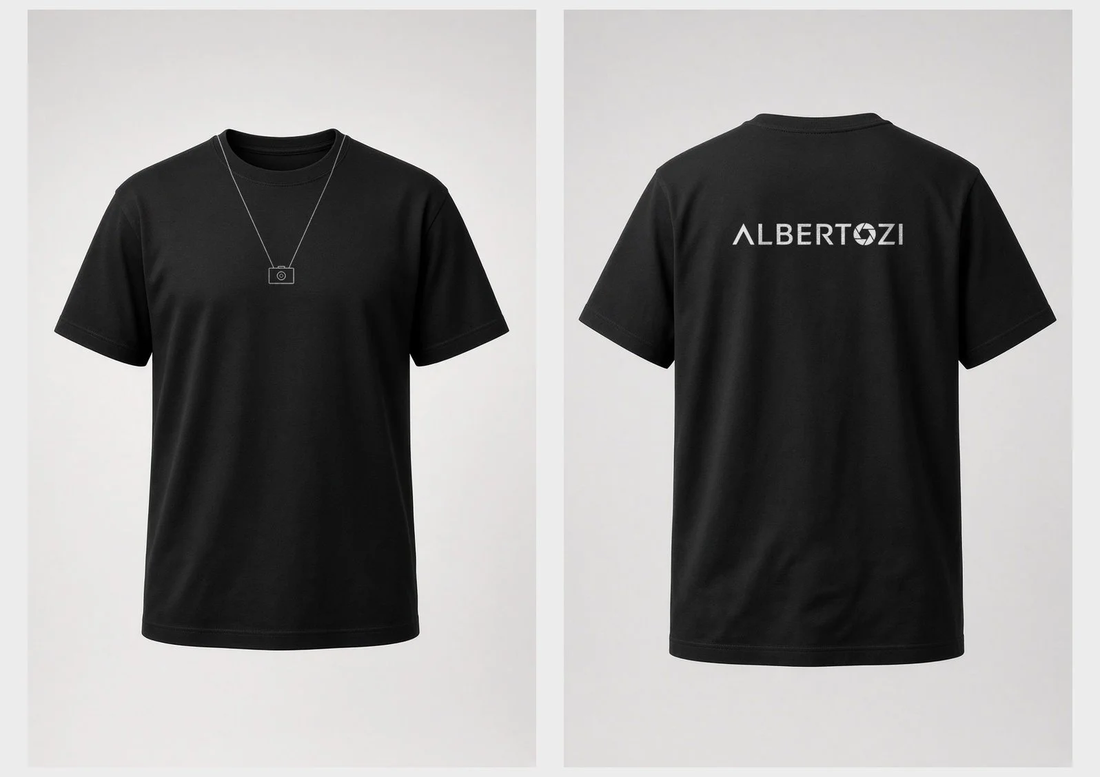 Front and back of the black ALBERTOZI Camera Pendant Tee: camera pendant line drawing and aperture wordmark