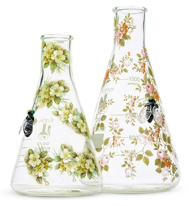Image: “Flora”. Found and hot sculpted glass, vintage decals
