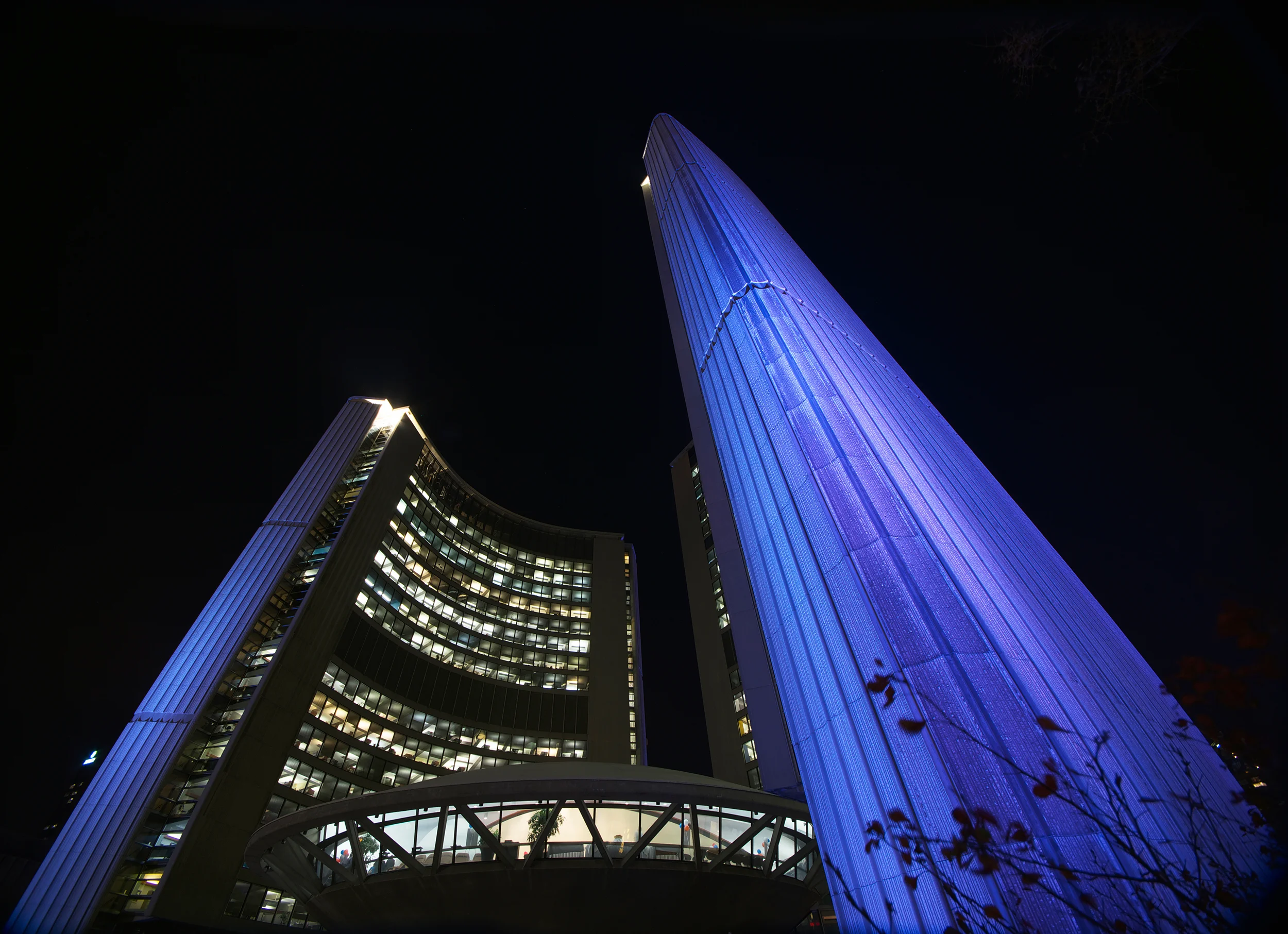Illuminated City Hall at night, Toronto