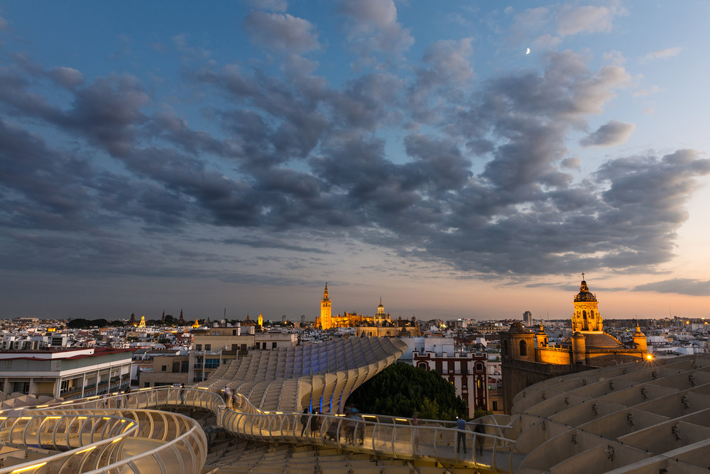 Seville cityscape at dusk from the Metropol Parasol