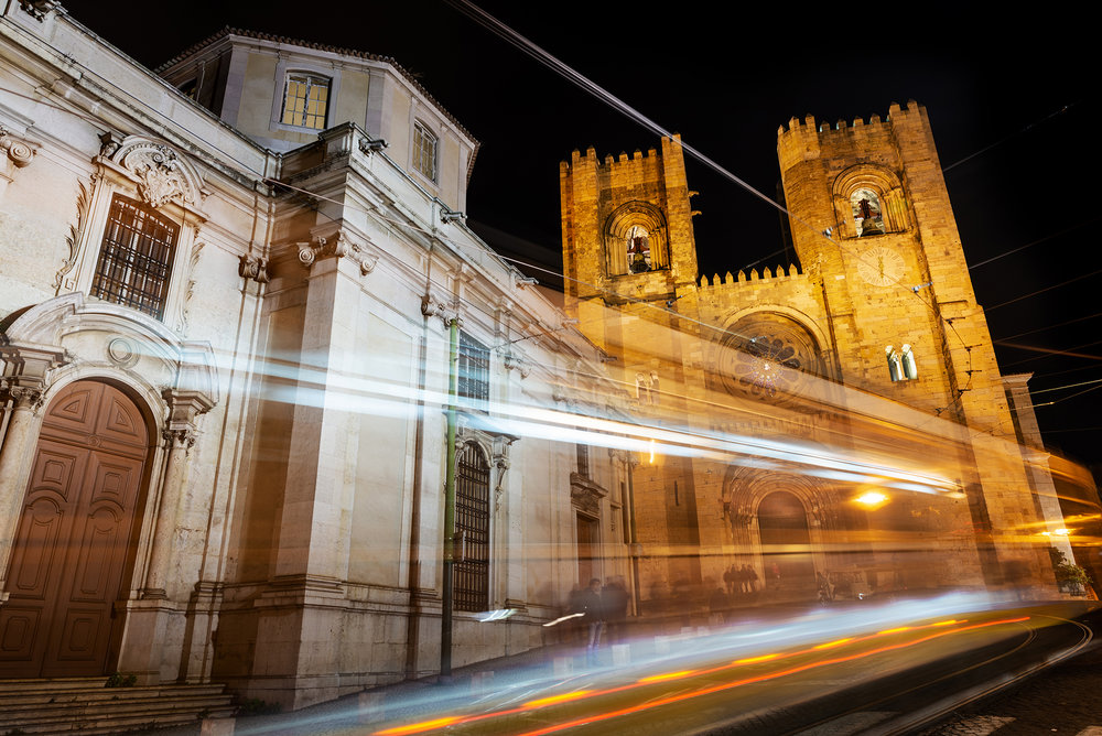 Facade of the famous Lisbon Cathedral (Sé) illuminated at night