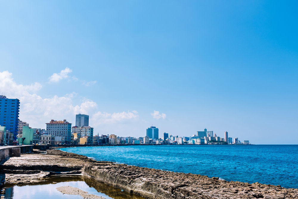 Panorama view of the broad esplanade of El Malecon in Havana