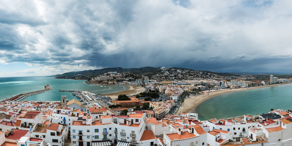 Aerial view of the fortified city and port of Peniscola from the castle