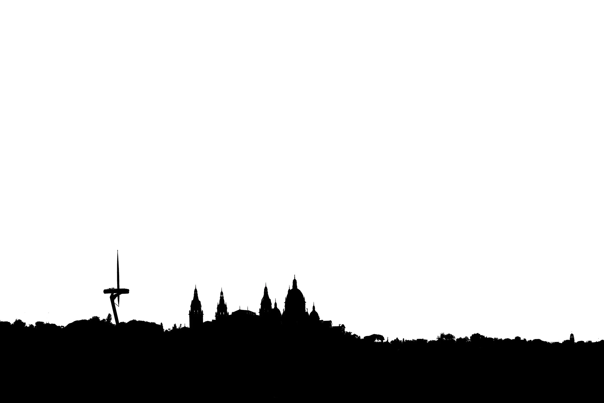 Silhouette of the Palau Nacional and the Communications Tower on top of the Montjuic mountain in Barcelona, Spain. Monochrome.