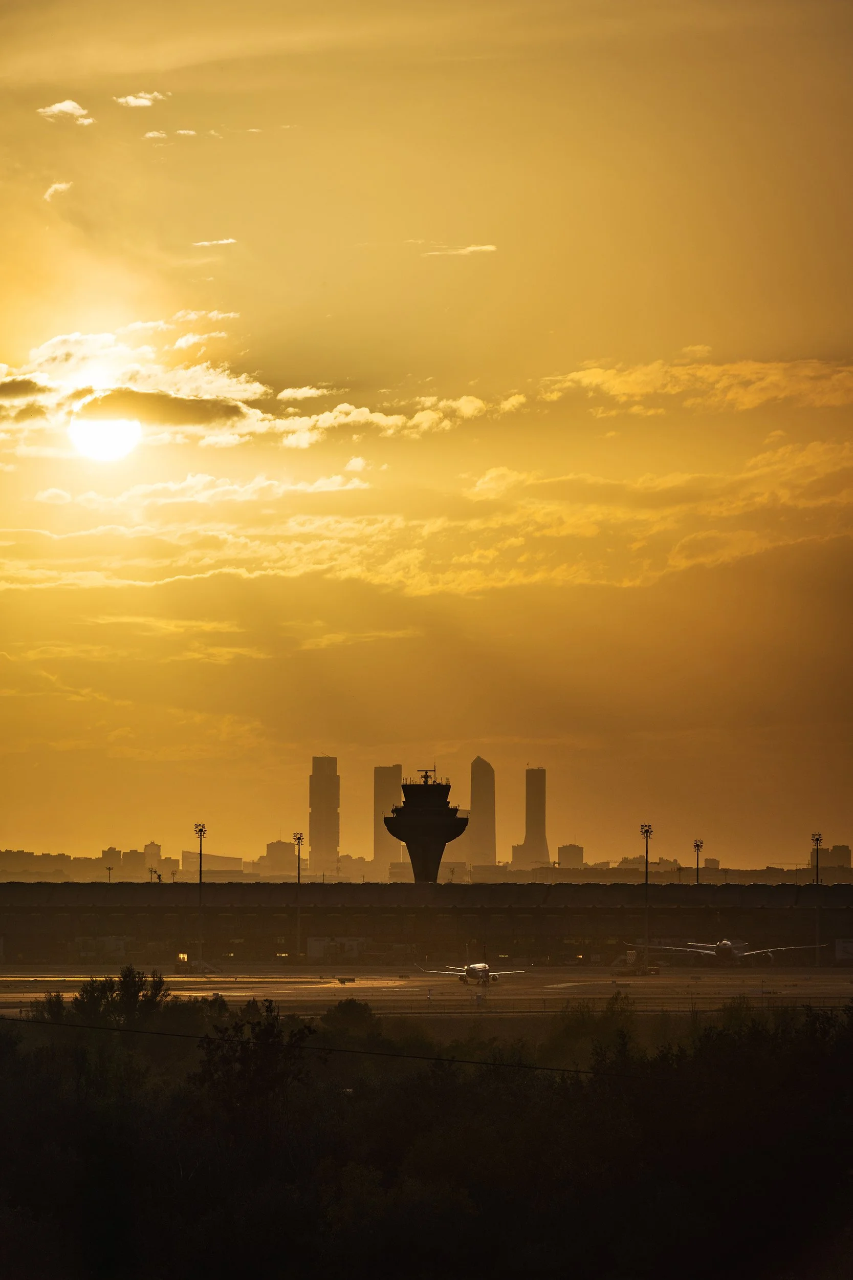 Panorama view of the T4 terminal of Madrid Barajas airport at dusk