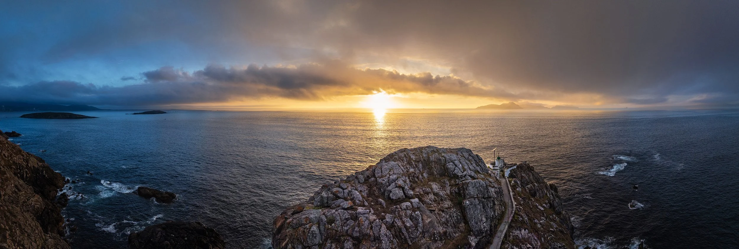 Silhouette of the Cies Islands in Galicia at dusk, Spain