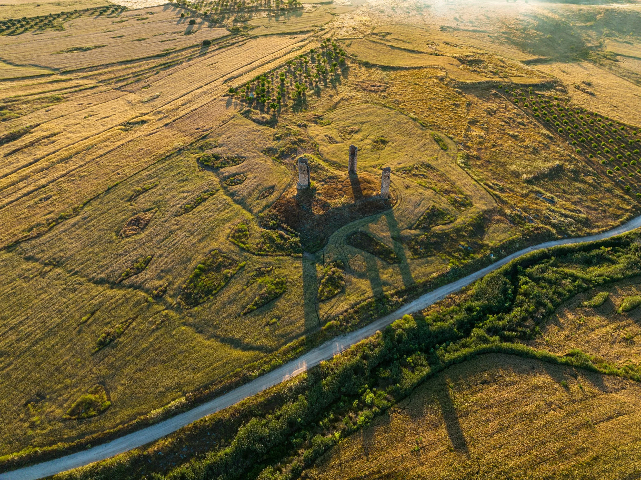 Aerial view of Galvez ruins at dusk