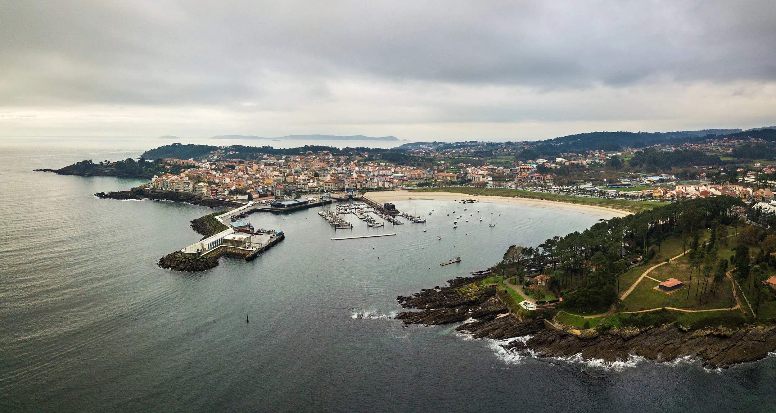 Aerial view of Portonovo harbor at dusk, Galicia