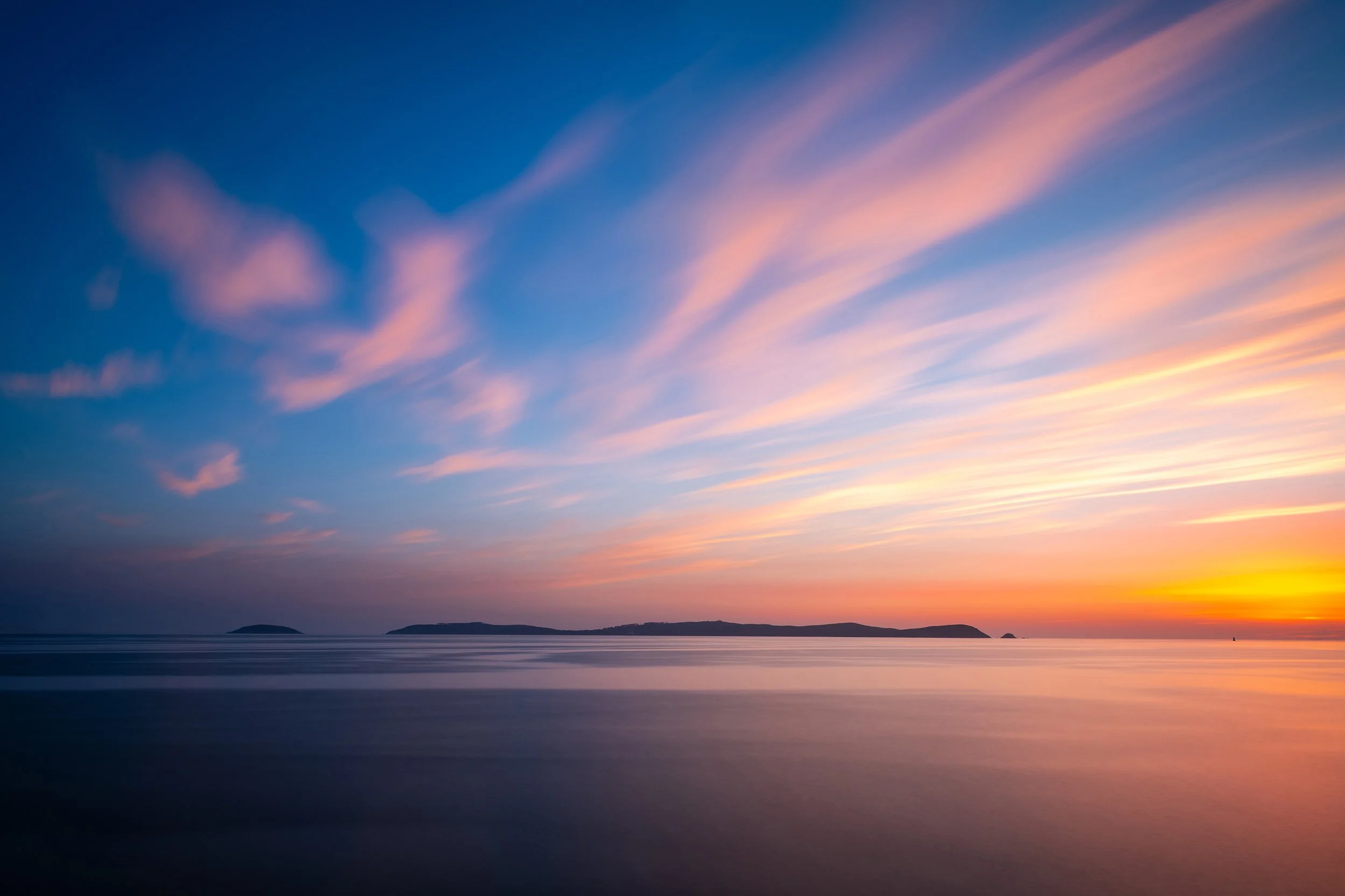 Silhouette of Ons Island in Galicia at dusk, Spain
