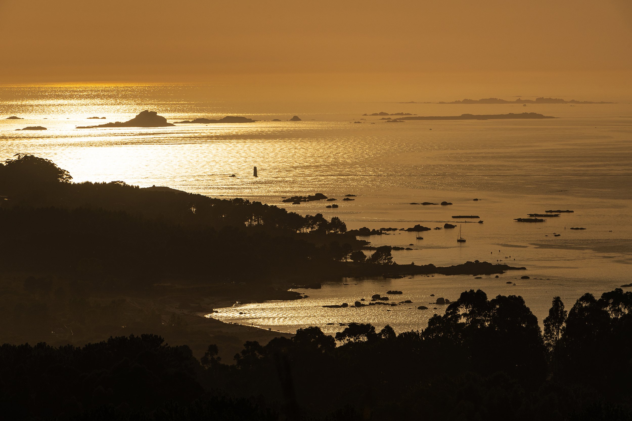 Aerial view of the Ria de Arousa in Galicia at dusk