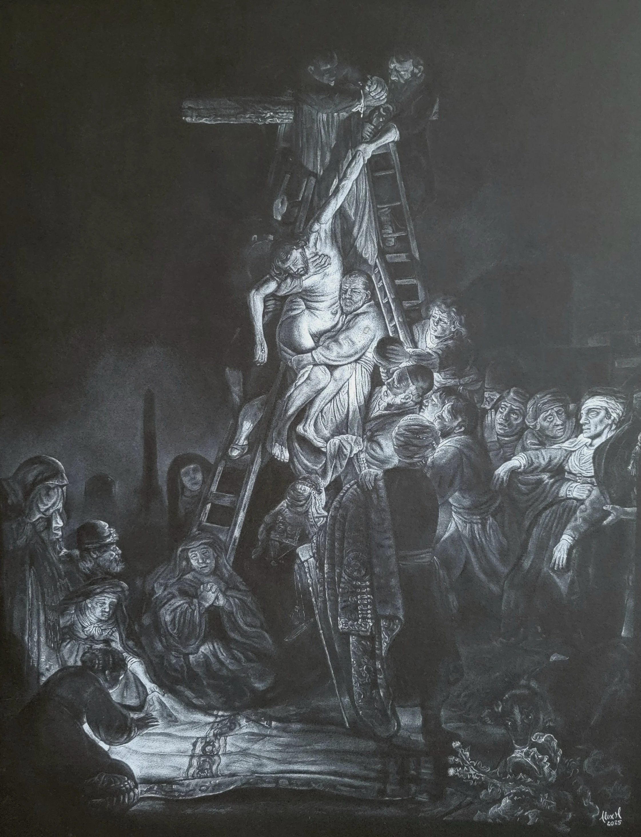  18”x24” White Charcoal on Black Mat 2025   Study of chiaroscuro in Rembrandt’s Descent from the Cross. 