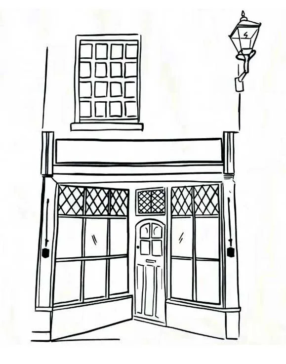 Line drawing of Mrs Bridges Tea Rooms shopfront on Loseby Lane, Leicester