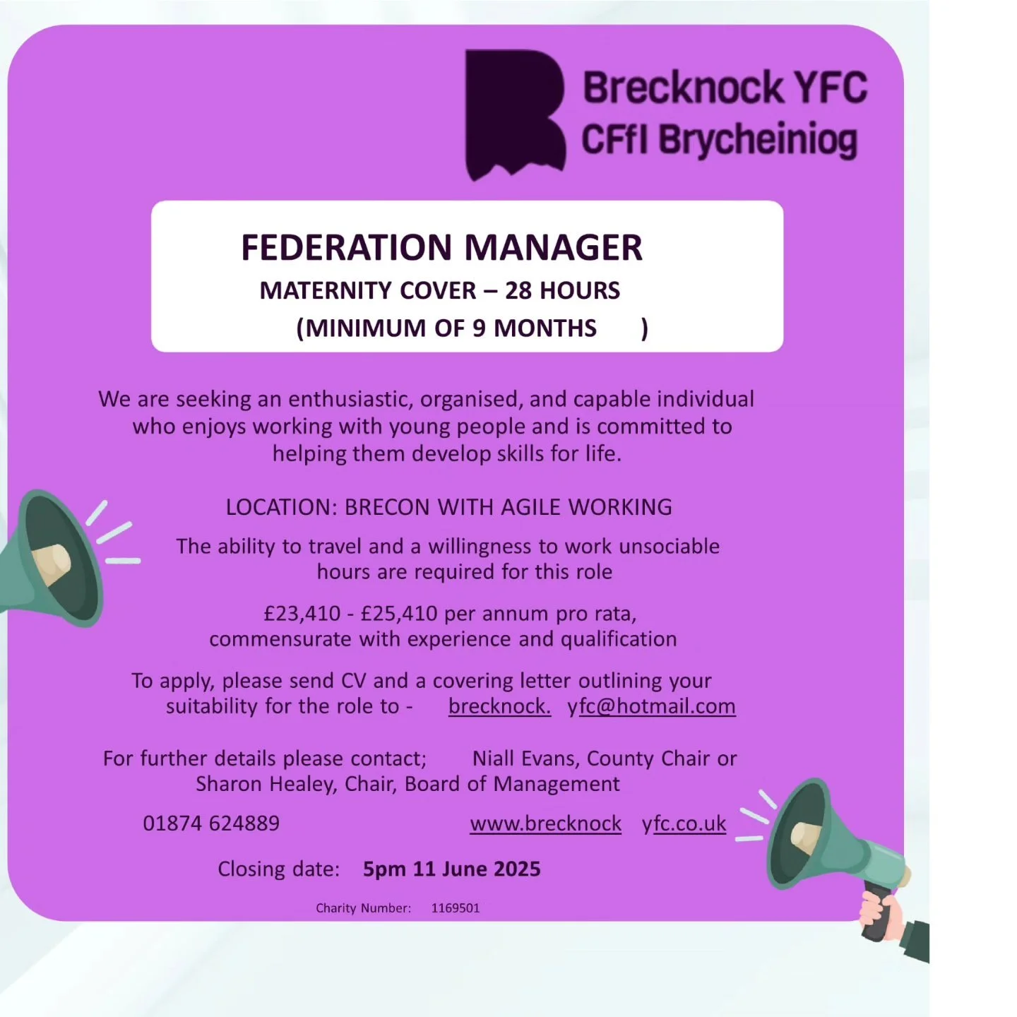 📢Job Opportunity - Federation Manager📢
(Maternity Cover)

For more information please visit our website 
https://www.brecknockyfc.co.uk/news-announcements/2025/5/27/job-opportunity-maternity-cover