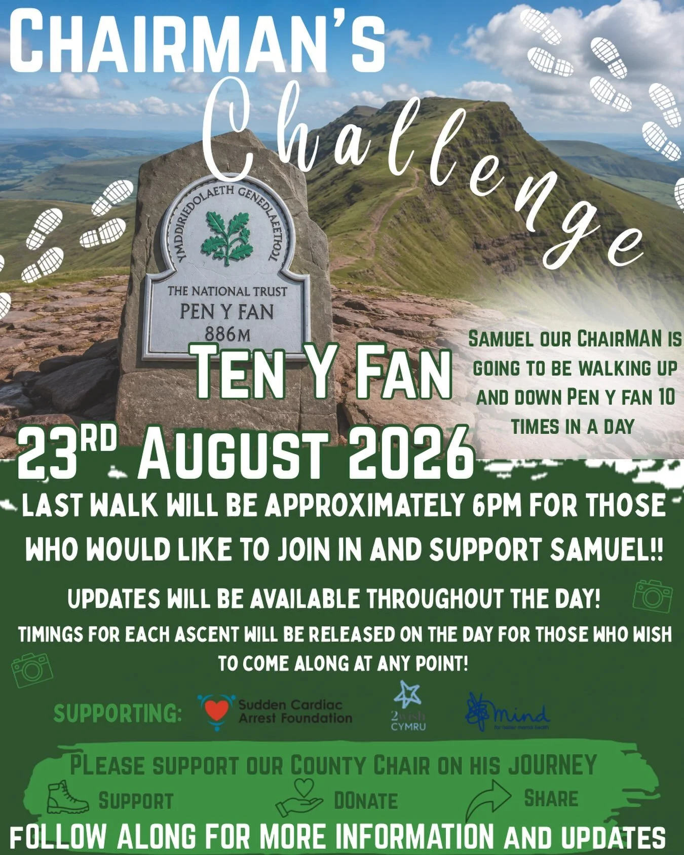 ⛰️10 Climbs 1 Mountain. One Incredible Challenge ⛰️

SAVE THE DATE⛰️

🌟You won&rsquo;t want to miss this one. Here it is our Chair&rsquo;s Challenge for this year!🌟

🥾Samuel will be climbing Pen Y Fan 10 times in one day!🥾

🔥From the first step 