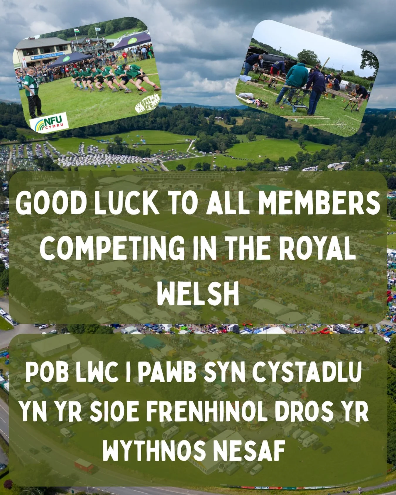 Good luck to all of our members who will be competing in the Royal Welsh Show next week! 💥

We wish you all the best and enjoy yourselves! 🐑🕺🏼🍻

Pob lwc I pawb sydd yn cystadlu yn ystod yr wythnos nesaf yn yr Sioe Frenhinol Cymru 💥

Mwynhewch a