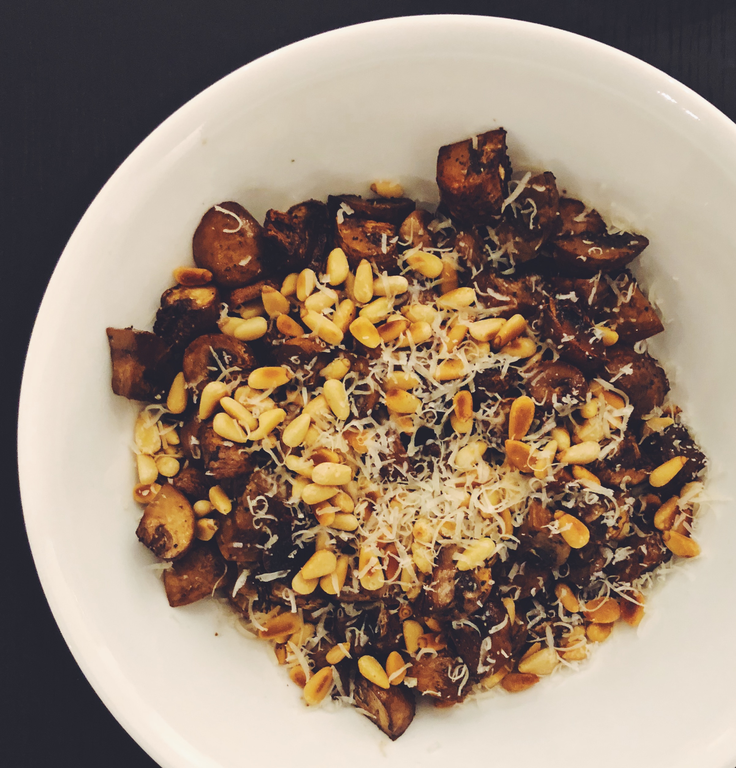 Roasted Mushrooms with Toasted Pine Nuts and Parmesan Cheese