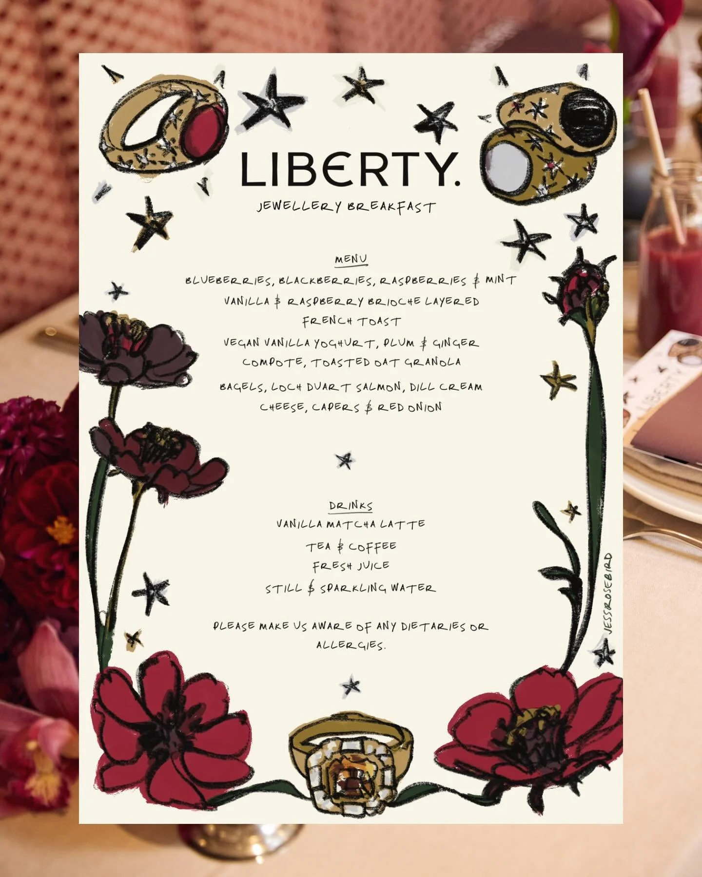 Illustrated menus and place cards for @libertylondon ✨💍🌺

Chocolate cosmos, cosmic jewels and handwritten font for the Jewellery Breakfast. 

Flowers @saints.flowers 
Venue @75atliberty @gooseandberry 

#illustratedmenu#menudesign#tablescape#libert