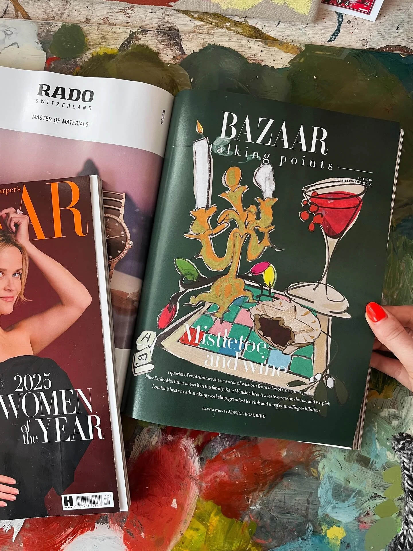 New work for @bazaaruk December/Jan issue🎄🎲🍷 

Festive still life + spots to accompany words of wisdom from @andrewohaganauthor, Anne Glenconner, Harper&rsquo;s Editor @lydiasmag and the late Jilly Cooper❤️

Thanks to @theleilalife and team 💫 
#h