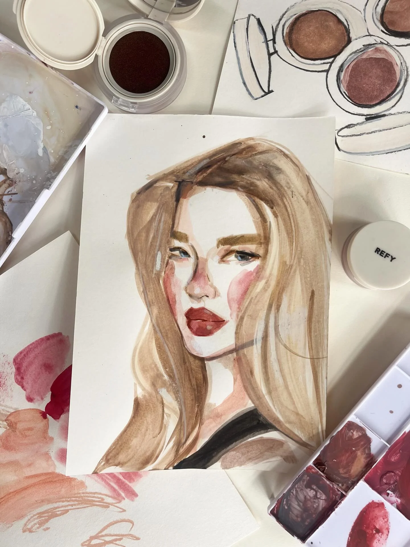 New work for @refybeauty 🖌️💌 

To celebrate the launch of their new Watercolour blush/bronzers I reimagined the campaign in paint (and blush!) 💕 

Image 1 - Portrait of founder @jesshunt2 

These are now on display in @theofficialselfridges where 