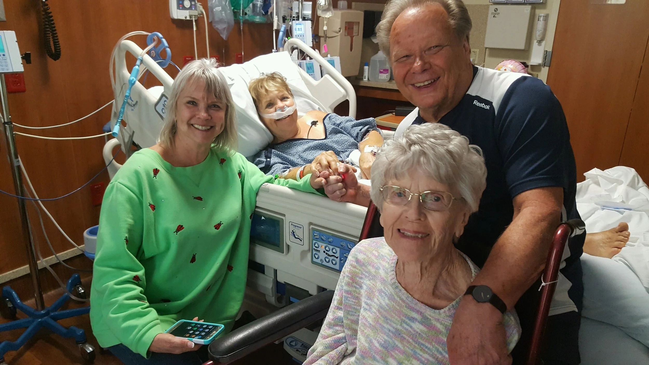 What a miracle! Less than 48 hours after she coded 4 times, she is surrounded by her brother, sister, and 101 year old mom. Look at all those smiles! So much to be grateful for right now. And that’s not oxygen. She’s breathing on her own but she is back to sporting her CPAP machine. ;-) 100% recovery will be a slow road but she will get there with the help of all her family and friends.