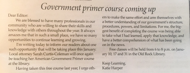 Letter to the Editor, Crested Butte News, January 4, 2018