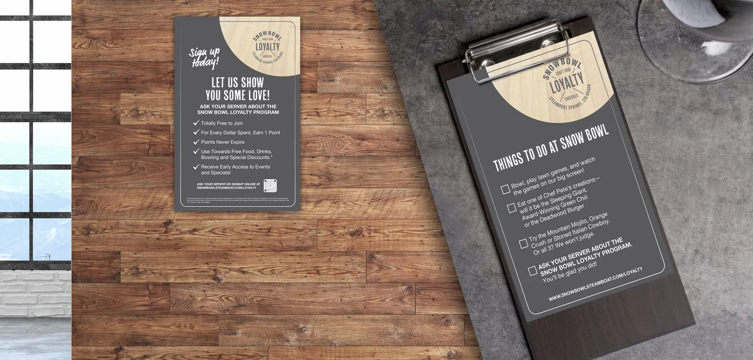 Snow Bowl loyalty program table card and menu