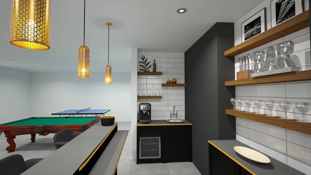 3D conceptual rendering of a basement bar