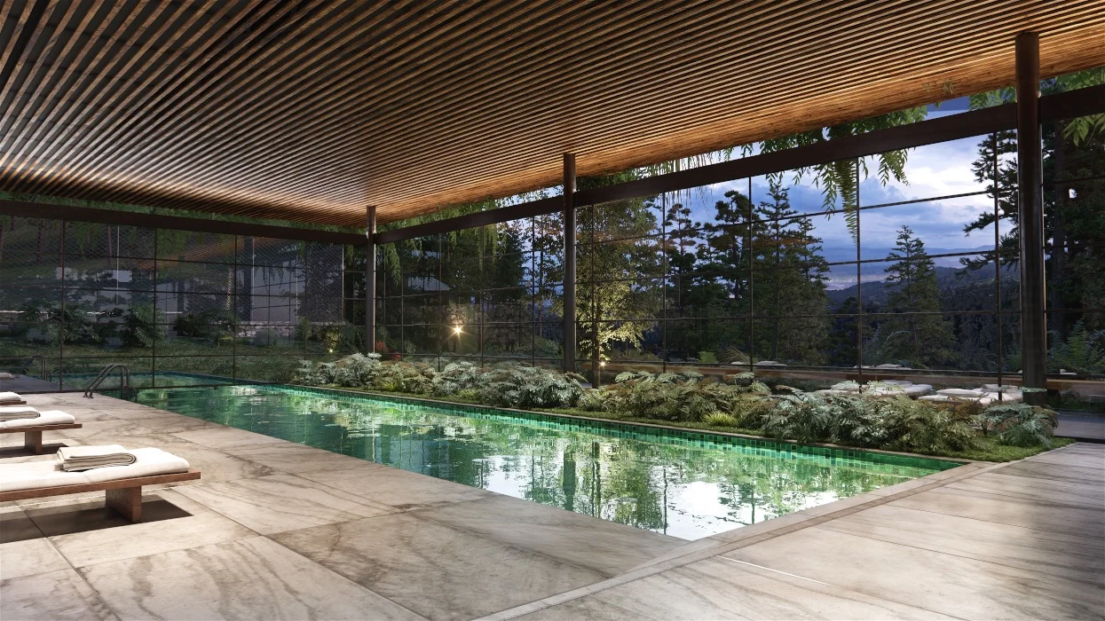 A 3D rendering of the indoor pool.
