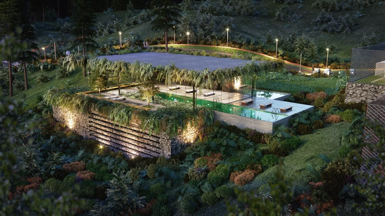 Another view of the indoor/ outdoor pool, surrounded by a natural reserve.