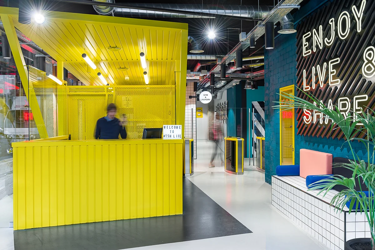 The lobby at the Poble Sec campus in Barcelona. Photos courtesy of Masquespacio.